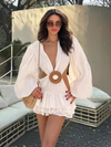 Deep V long sleeve pure sexy side waist exposed fashion new dress