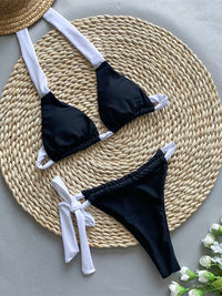 New halter neck color matching bikini black and white strap triangle cup women's split swimsuit