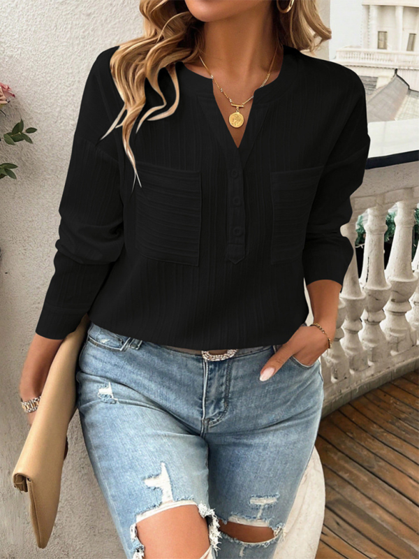 Women's shirt v-neck temperament casual solid color pullover top