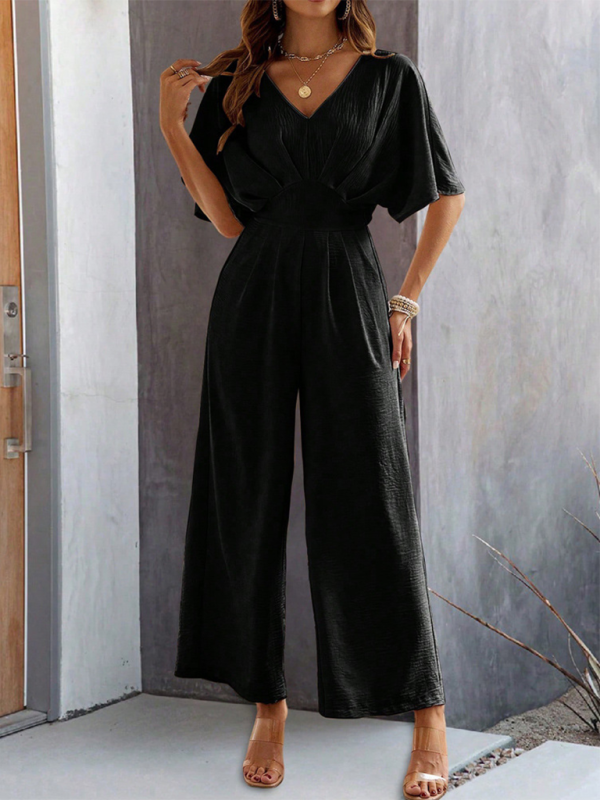 Women's short-sleeved solid color temperament casual wide-leg jumpsuit