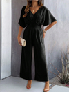 Women's short-sleeved solid color temperament casual wide-leg jumpsuit