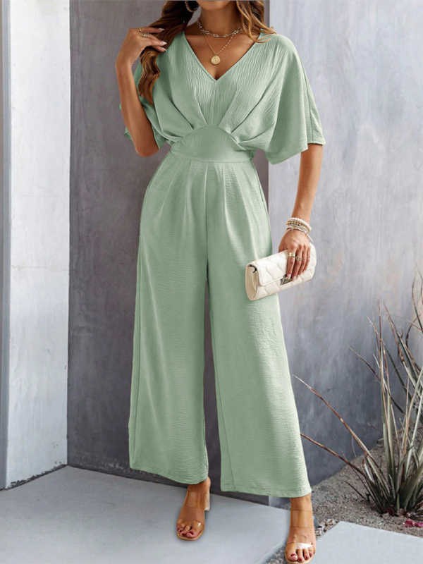 Women's short-sleeved solid color temperament casual wide-leg jumpsuit