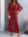 Women's short-sleeved solid color temperament casual wide-leg jumpsuit