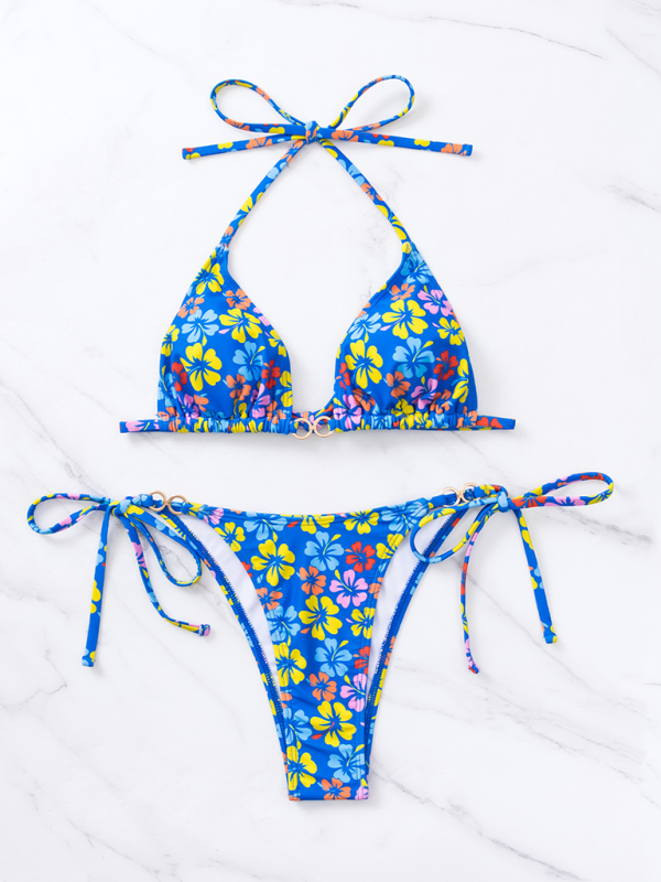 Triangle Cup Printed Lace-Up Sexy Bikini Swimsuit