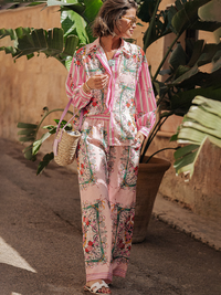 New long-sleeved casual vacation loose printed pocket two-piece suit