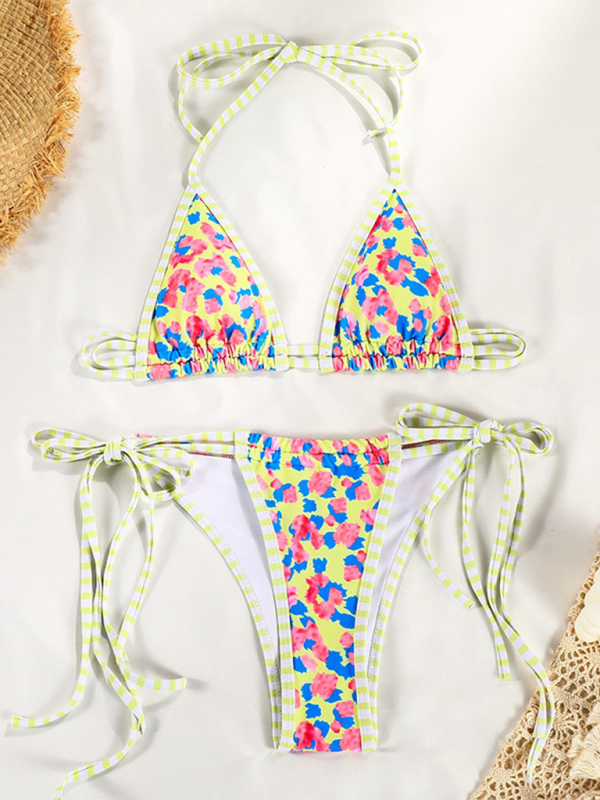 New contrast color print strappy sexy bikini