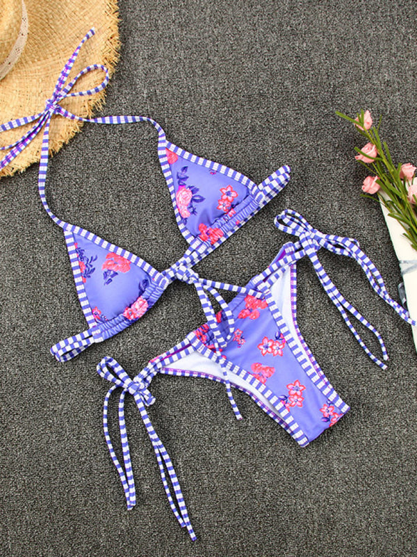 New contrast color print strappy sexy bikini