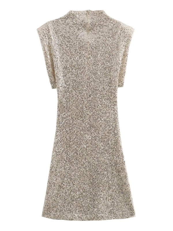 New women's high collar padded shoulder sequin dress