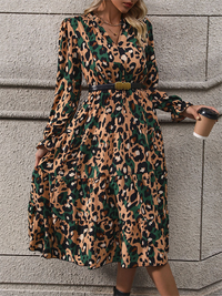 Women's mid-length long-sleeved leopard print dress