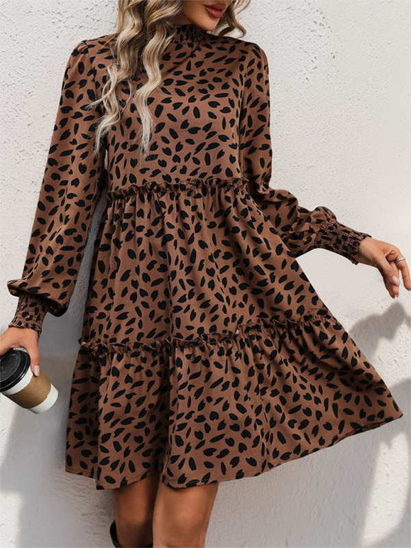 Women's small stand collar leopard print long sleeve loose dress