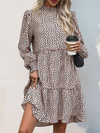 Women's small stand collar leopard print long sleeve loose dress