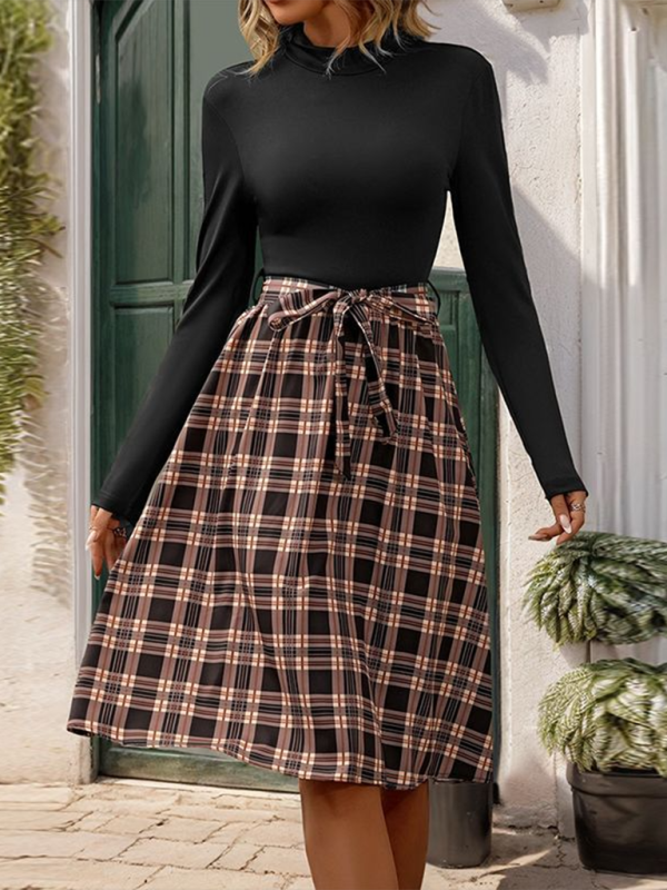 New style stand-up collar slim fit elegant plaid long skirt splicing dress