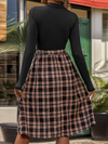 New style stand-up collar slim fit elegant plaid long skirt splicing dress