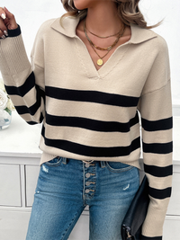 Women's casual loose contrast color lapel sweater top