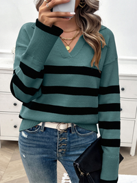 Women's casual loose contrast color lapel sweater top