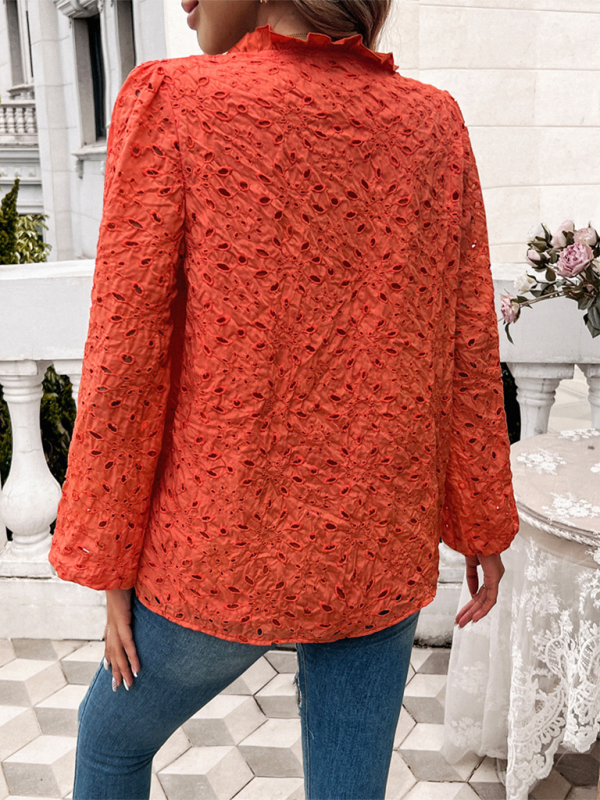 Women's hollow puff sleeve embroidered top