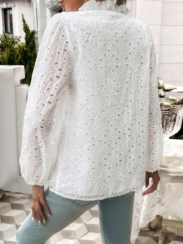 Women's hollow puff sleeve embroidered top