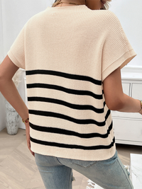 Women's Temperament Round Neck Striped Contrast Color Short Sleeve Sweater