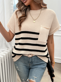 Women's Temperament Round Neck Striped Contrast Color Short Sleeve Sweater