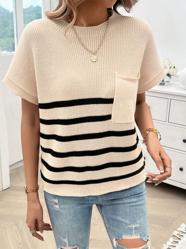 Women's Temperament Round Neck Striped Contrast Color Short Sleeve Sweater