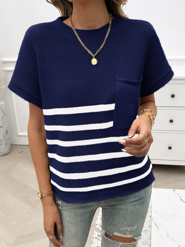 Women's Temperament Round Neck Striped Contrast Color Short Sleeve Sweater