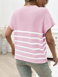 Women's Temperament Round Neck Striped Contrast Color Short Sleeve Sweater