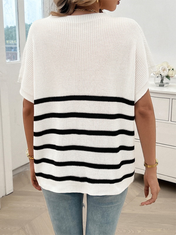 Women's Temperament Round Neck Striped Contrast Color Short Sleeve Sweater