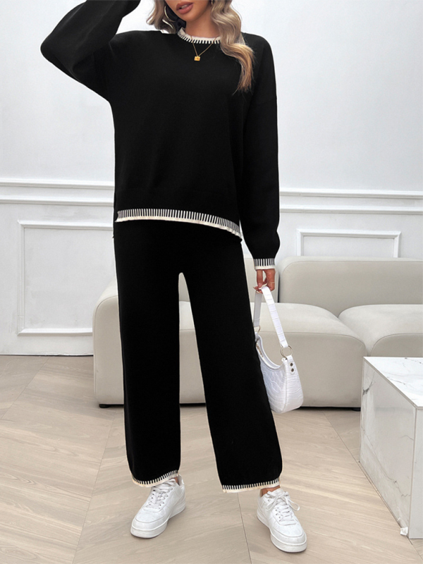 Women's Fashion Casual Contrast Color Sweater Pants Set