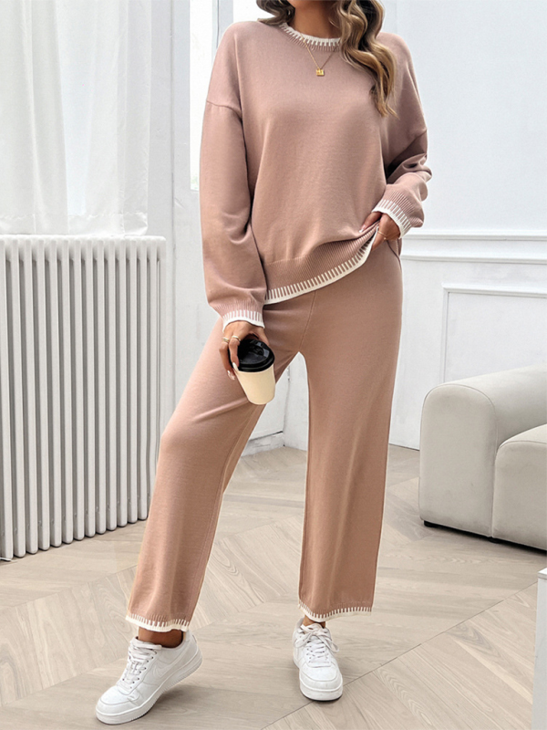 Women's Fashion Casual Contrast Color Sweater Pants Set