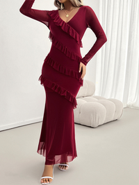 Long-sleeved women's temperament Slim mesh v-neck dresses