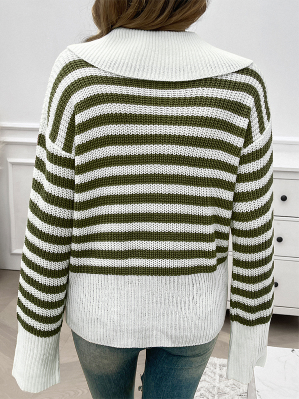 Women's Casual Loose Lapel Striped Long Sleeve Sweater