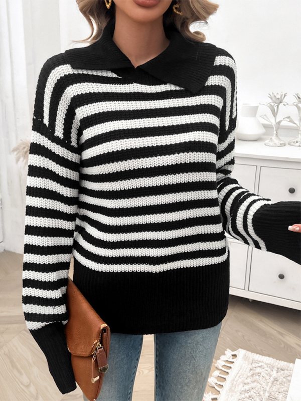 Women's Casual Loose Lapel Striped Long Sleeve Sweater