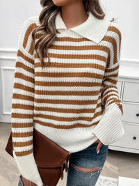 Women's Casual Loose Lapel Striped Long Sleeve Sweater