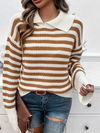 Women's Casual Loose Lapel Striped Long Sleeve Sweater