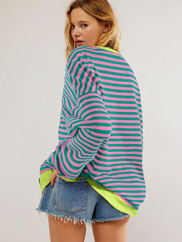 New Color Striped Round Neck Loose Sweatshirt Sweatshirt