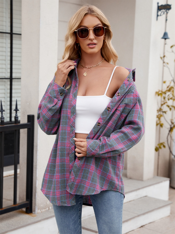 Women's casual fashion hot girl loose plaid shirt