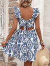 Women's ruffle shoulder strap full print lace-up dress