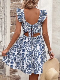 Women's ruffle shoulder strap full print lace-up dress