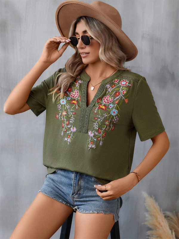 New women's fashion embroidery stitching lace top