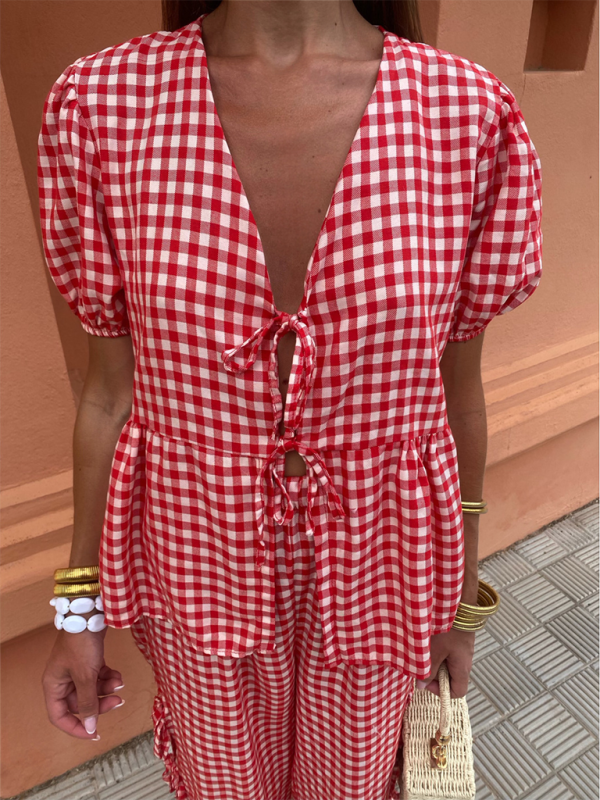 Women's Fashion V-Neck Lace-Up Plaid Knotted Set