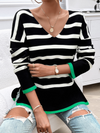 Autumn and winter women's loose contrast color v-neck long-sleeved sweater