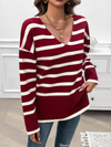 Autumn and winter women's loose contrast color v-neck long-sleeved sweater