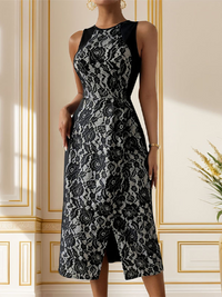 New elegant high waist sleeveless printed slit dress