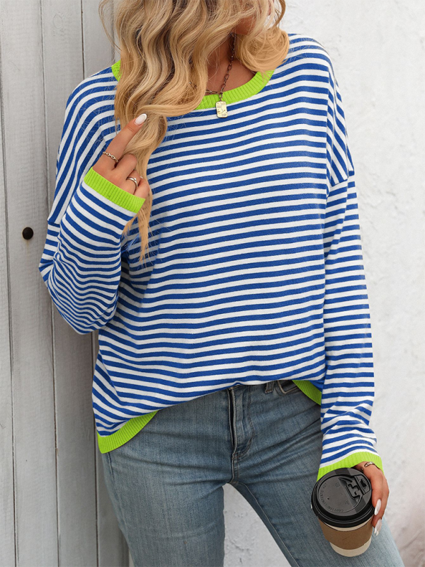 Women's round neck striped contrast color long sleeve casual sweater