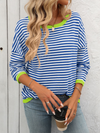 Women's round neck striped contrast color long sleeve casual sweater