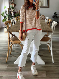 Women's round neck striped contrast color long sleeve casual sweater