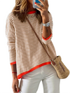 Women's round neck striped contrast color long sleeve casual sweater