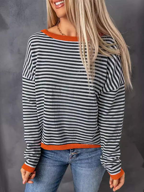 Women's round neck striped contrast color long sleeve casual sweater