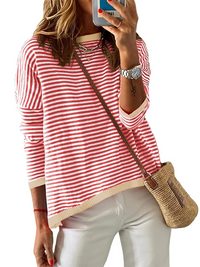 Women's round neck striped contrast color long sleeve casual sweater