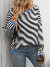 Women's round neck striped contrast color long sleeve casual sweater